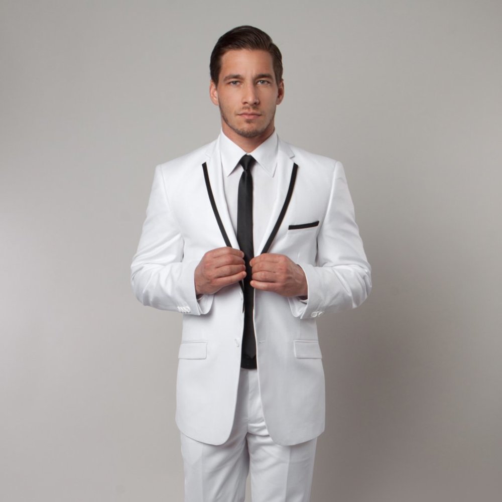 White Mens Suit 2pc w/ Black Trimmed Notch Lapel by Tazzio